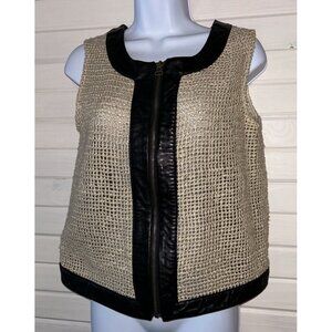 Kelly Wearstler Sz SMALL Arco Basketweave Silk Sweater Vest Lamb Leather EUC